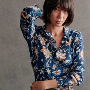 NWT Sezane Pierro Shirt Navy Bloom Print Size 44 EU/12 US! 70% Cotton, 30% Silk!